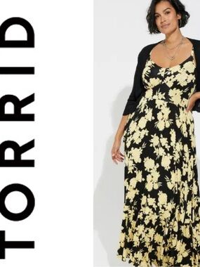 TORRID Women’s Sleeveless Tiered Maxi Dress Sundress Yellow Black Floral Size 1